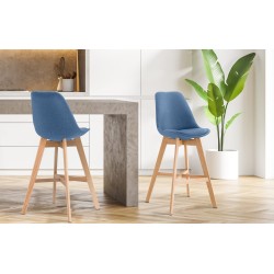 Juego de 2 taburetes de bar Cannes, tapizados en tela azul natural