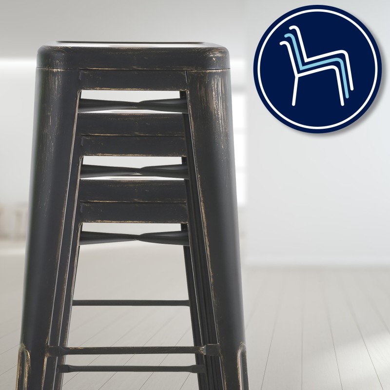 Juego de 4 taburetes de bar Joshua antiguos, negros y dorados