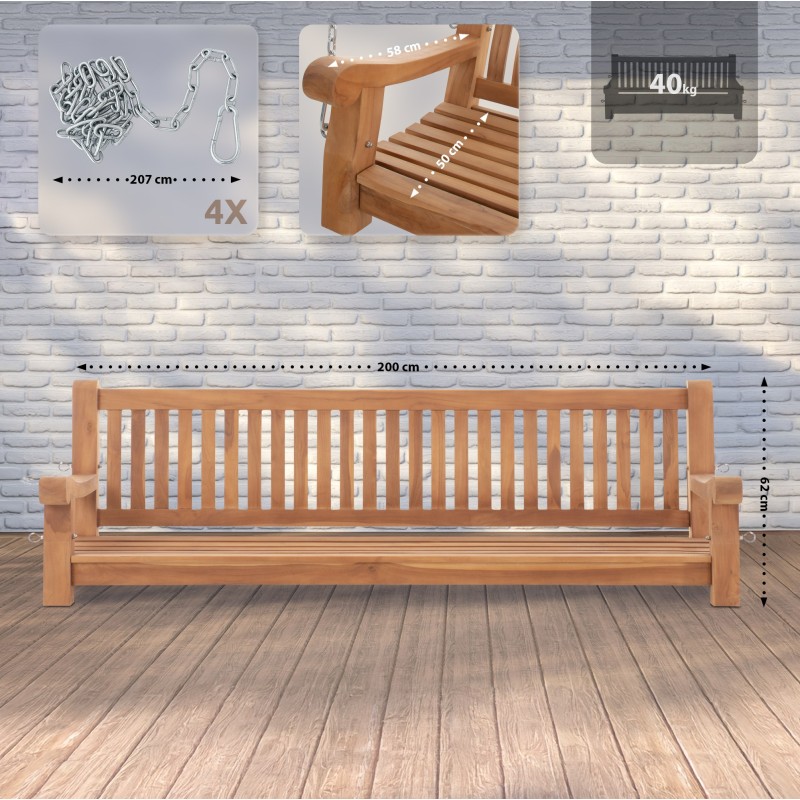 Banco colgante de teca Joyce de 200 cm