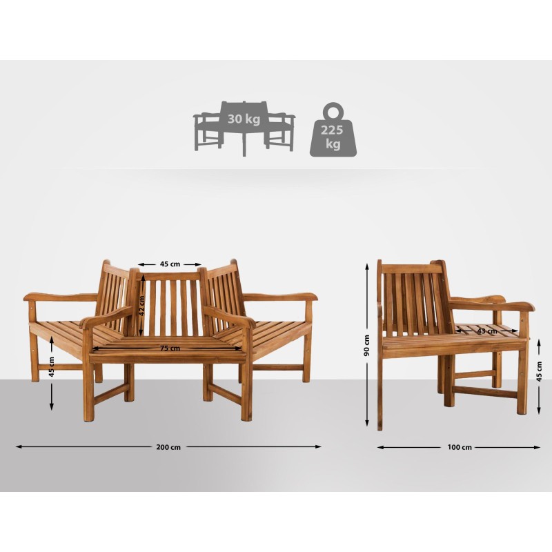 Banco Kenna con reposabrazos, semicircular, 200 cm de teca