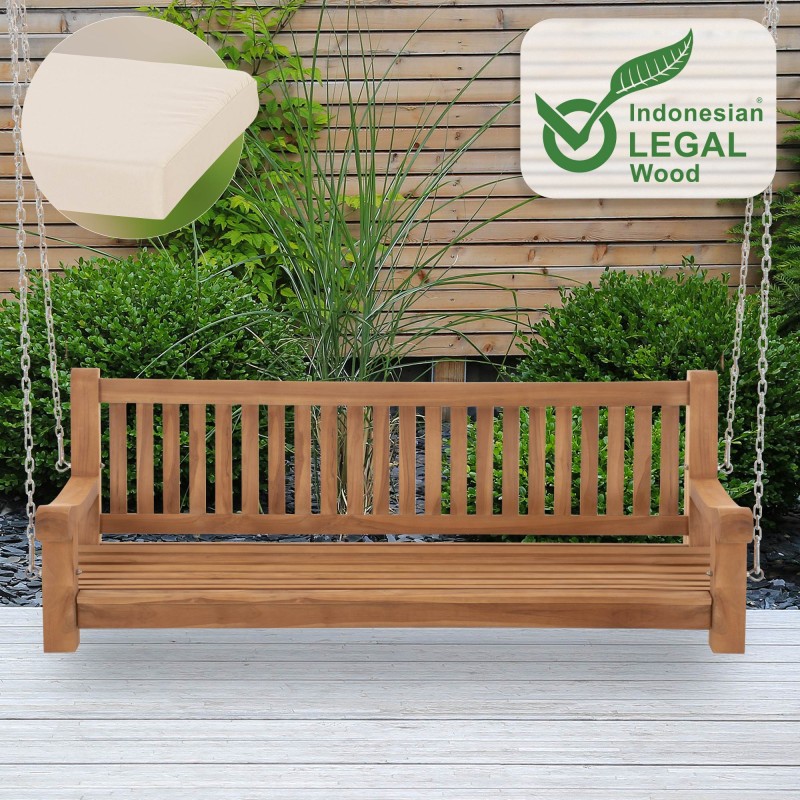 Banco mecedor Joyce con cojín, 180 cm, teca color crema