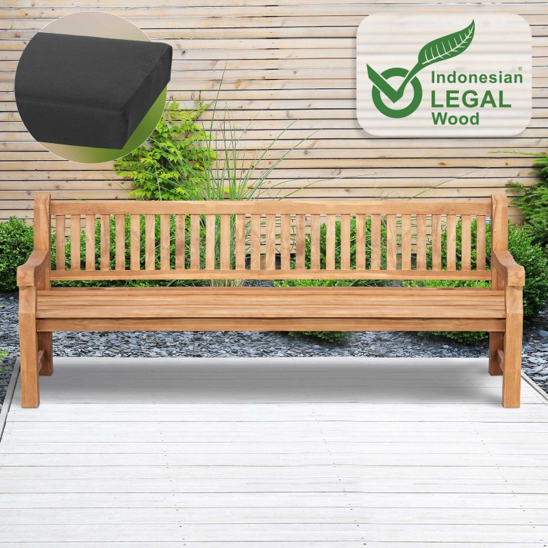 Banco Jackson de teca con cojín de asiento, 240 cm + teca gris oscuro
