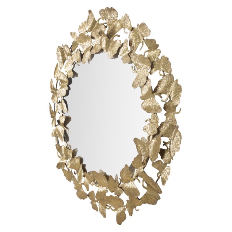 Espejo de pared redondo con forma de hoja Ø87x2,5 cm – Elegancia natural y reflejos dorados para una decoración refinada