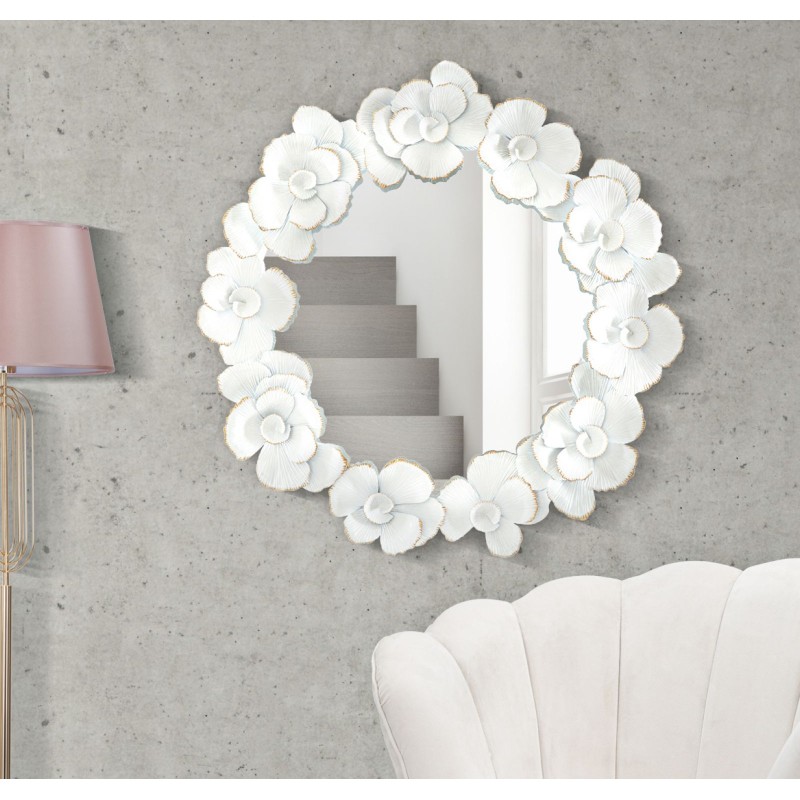 Espejo de pared floral blanco de 82 x 2,6 x 85,5 cm – Romance floral y pureza luminosa