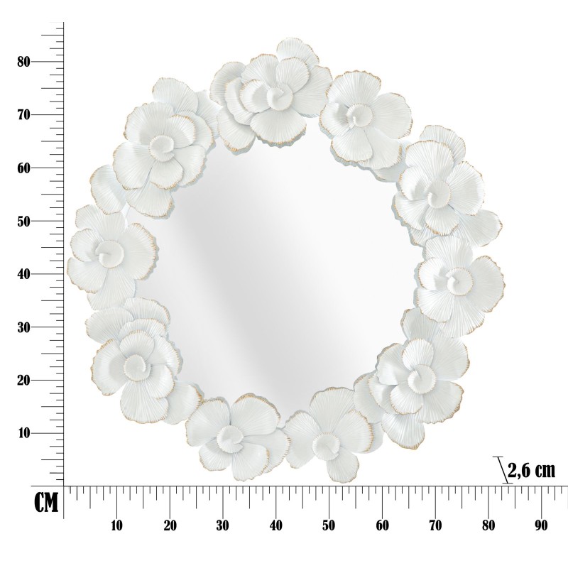 Espejo de pared floral blanco de 82 x 2,6 x 85,5 cm – Romance floral y pureza luminosa