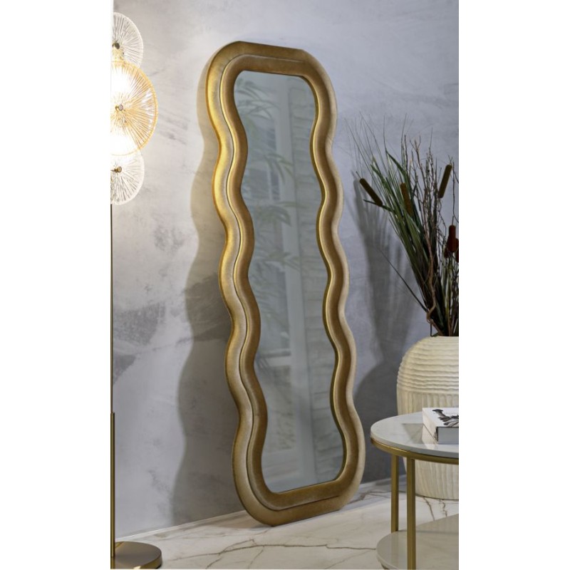 Espejo de pared Emily en terciopelo dorado, 60x6x160 cm (espejo 42x144 cm) – Oro prestigioso y brillo refinado