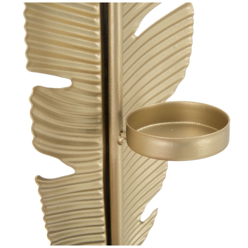 Hoja Glamurosa Tallada en Llama Dorada con Portavelas – 10x10x34 cm