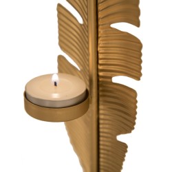 Hoja Glamurosa Tallada en Llama Dorada con Portavelas – 10x10x34 cm