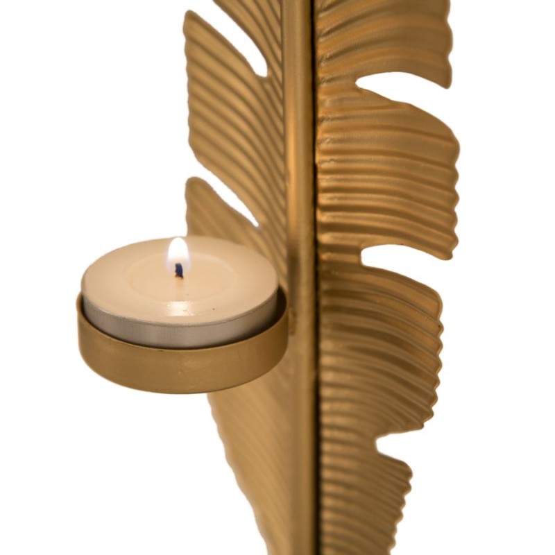 Hoja Glamurosa Tallada en Llama Dorada con Portavelas – 10x10x34 cm