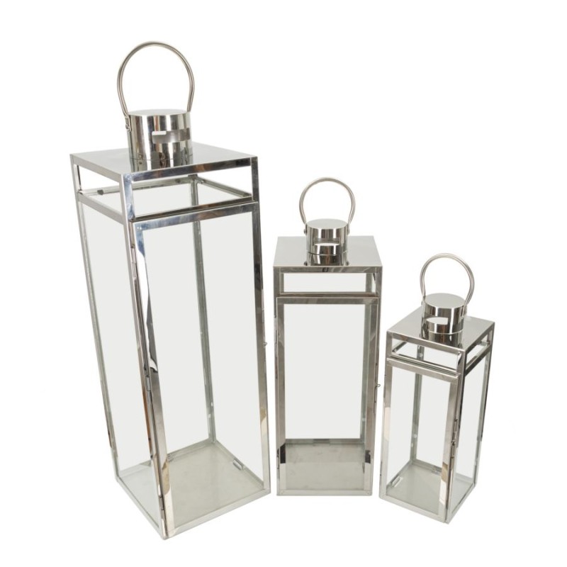 Juego de 3 faroles plateados (22 x 22,5 x 70,5 cm - 18 x 18,5 x 50 cm - 14 x 14,5 x 38 cm)