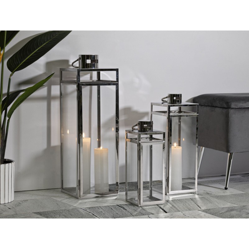 Juego de 3 faroles plateados (22 x 22,5 x 70,5 cm - 18 x 18,5 x 50 cm - 14 x 14,5 x 38 cm)