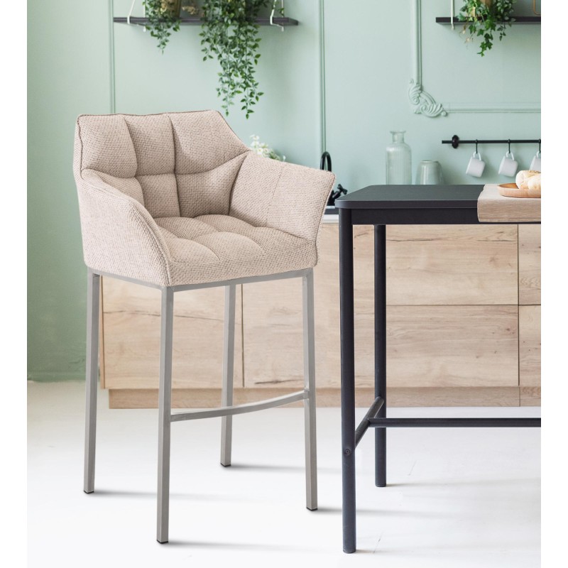 Taburete de bar de tela Damaso E con estructura de 4 patas en color marfil