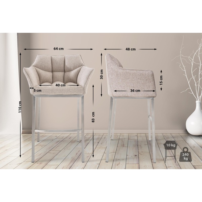 Taburete de bar de tela Damaso E con estructura de 4 patas en color marfil